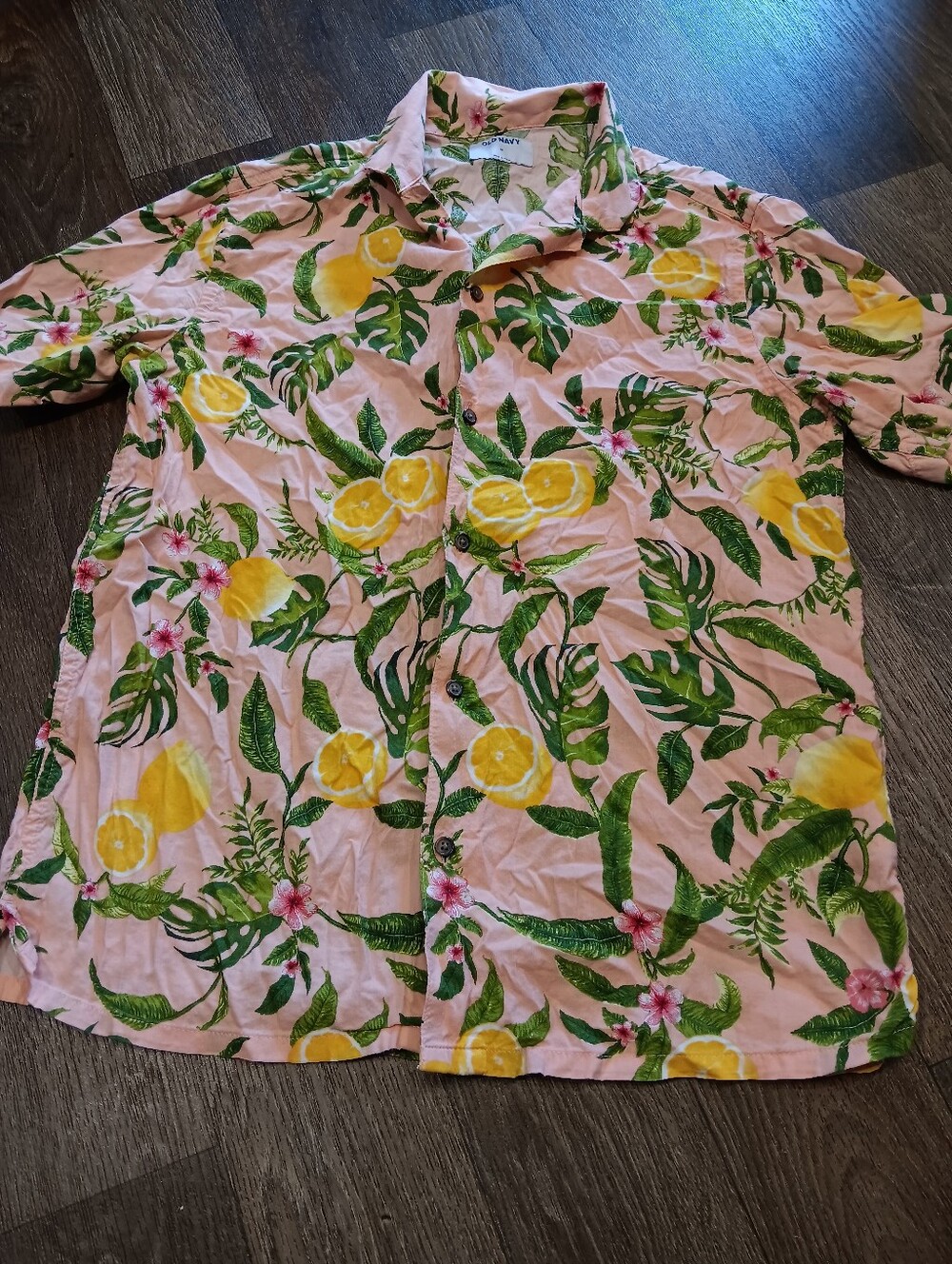 Old Navy Pink Lemon Print Short-Sleeve Button-Down Shirt Summer Sz M Hawain - Picture 2 of 4